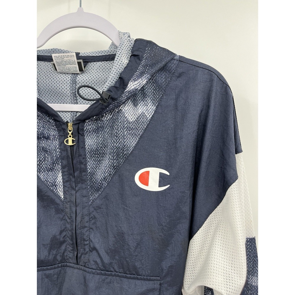 Champion Jacket Womens Medium M‎ Windbreaker Blue 1/4 Zip Hooded Anorak Top VNT